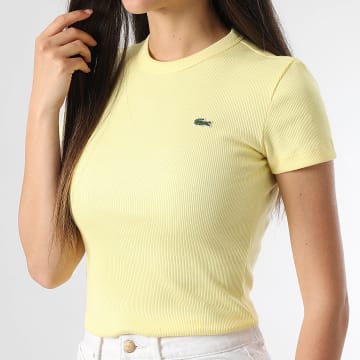 Lacoste - Tee Shirt Femme Rib Logo Brodé Crocodile Slim Jaune
