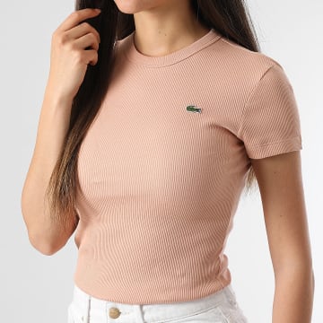 Lacoste - Tee Shirt Femme Rib Logo Brodé Crocodile Slim Rose Clair
