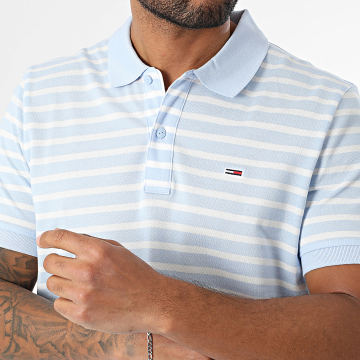 Tommy Jeans - Polo Manches Courtes A Rayures Slim Placket 0676 Bleu Clair Blanc