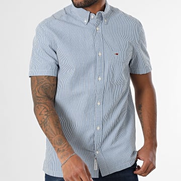 Tommy Jeans - Chemise Manches Courtes A Rayures Regular Seersucker 0891 Bleu Marine Blanc