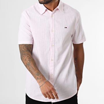 Tommy Jeans - Chemise Manches Courtes A Rayures Regular Linen Blend 0894 Rose Blanc