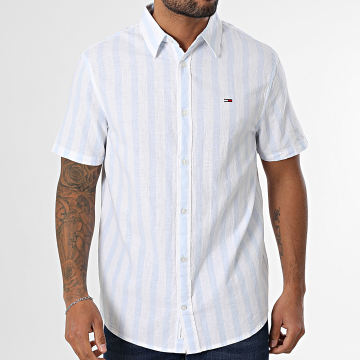 Tommy Jeans - Chemise Manches Courtes A Rayures Regular Linen Blend 0894 Bleu Clair Blanc