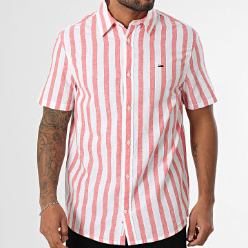 Tommy Jeans - Chemise Manches Courtes A Rayures Regular Linen Blend 0894 Rouge Blanc