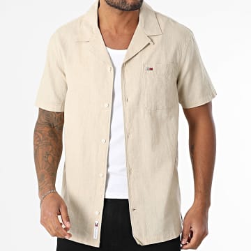 Tommy Jeans - Camp 0895 Beige Linnen Blend Korte Mouw Overhemd