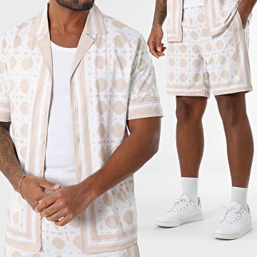 Zayne Paris  - Conjunto de camisa de manga corta y pantalón corto 086 Beige Blanco
