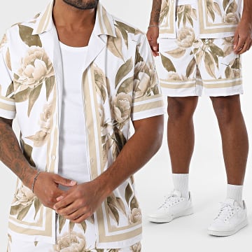 Zayne Paris  - Conjunto de camisa de manga corta y pantalón corto 085 Blanco Beige Floral