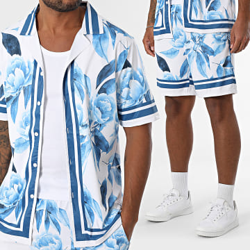 Zayne Paris  - Conjunto de camisa de manga corta y pantalón corto 085 Blanco Azul Real Floral
