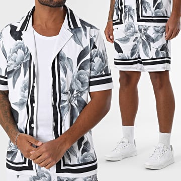 Zayne Paris  - Conjunto de camisa de manga corta y pantalón corto 085 Blanco Gris Floral