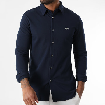 Lacoste - Camisa Manga Larga Logo Cocodrilo Bordada Slim Fit Azul Marino