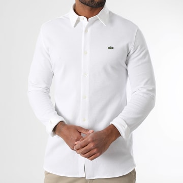 Lacoste - Camisa Manga Larga Logo Cocodrilo Bordada Slim Fit Blanca