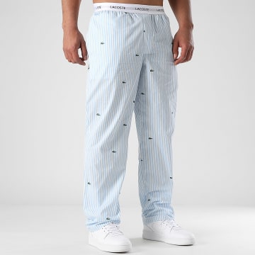 Lacoste - Pantalon Jogging A Rayures Logo Crocodile Imprimé Bleu Clair Blanc