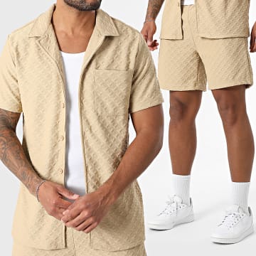 Zayne Paris  - Conjunto de camisa de manga corta y pantalón corto texturizado 116 Beige
