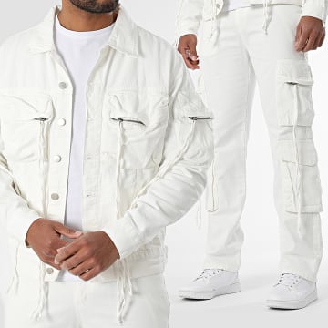 Uniplay - Ensemble Veste Jean Et Pantalon Cargo Jean 198 Blanc
