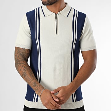 Frilivin - Polo Manches Courtes Col Zippé 325 Beige Bleu Marine