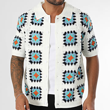 Frilivin - 515 Blanco Azul Naranja Malla Camisa Manga Corta