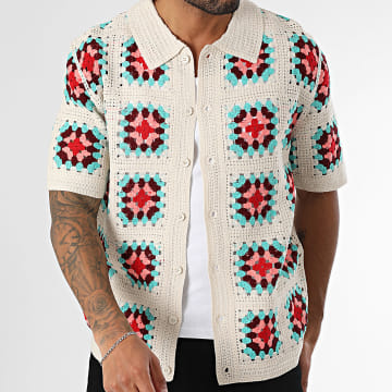 Frilivin - Camisa Malla Manga Corta 955 Beige Rojo Azul Rosa