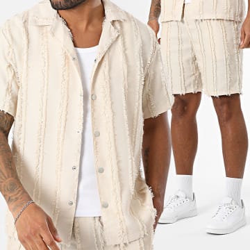Frilivin - Ensemble Chemise Manches Courtes Et Short Jogging A Rayures V62 Beige