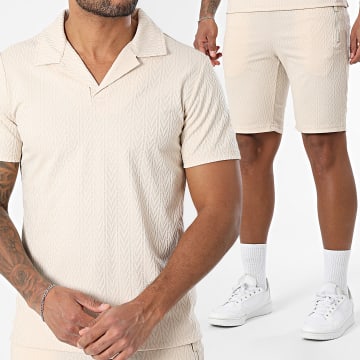 Zayne Paris  - Conjunto de polo de manga corta y pantalón corto texturizado 119 Beige
