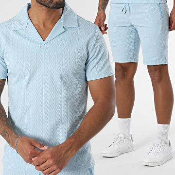 Zayne Paris  - Ensemble Polo Manches Courtes Et Short Jogging Texturé 119 Bleu Clair