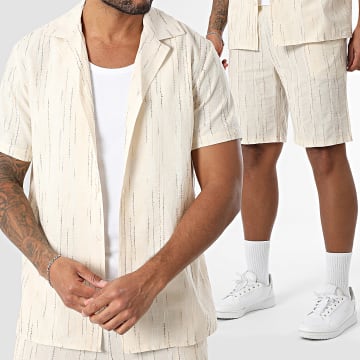 Frilivin - Ensemble Chemise Manches Courtes Et Short Jogging A Rayures 162 Beige Marron