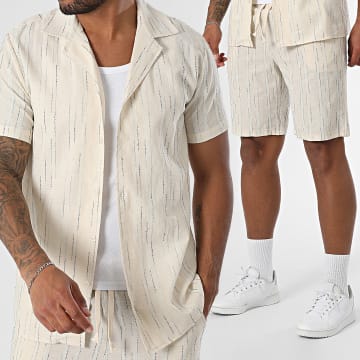 Frilivin - Ensemble Chemise Manches Courtes Et Short Jogging A Rayures 162 Beige Bleu Clair