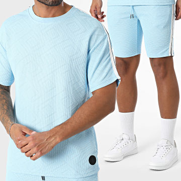 Zelys Paris - Ensemble Tee Shirt Et Short Jogging A Bandes Paga Bleu Clair