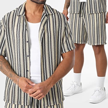 Frilivin - Ensemble Chemise Manches Courtes Et Short Jogging Ajouré G05 Beige Noir Jaune