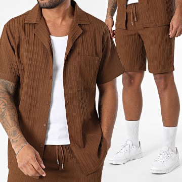 Frilivin - Ensemble Chemise Manches Courtes Et Short Jogging A Rayures B69 Marron