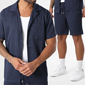 Frilivin - Ensemble Chemise Manches Courtes Et Short Jogging A Rayures B69 Bleu Marine