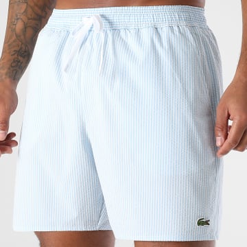 Lacoste - Bañador a rayas Logo Cocodrilo Bordado Blanco Azul claro