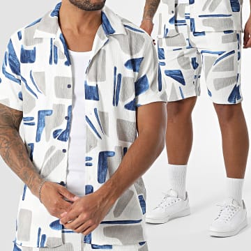 Classic Series - Ensemble Chemise Manches Courtes Et Short Jogging Texturé 003 Blanc Gris Bleu Roi