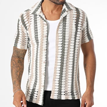 Classic Series - Chemise Manches Courtes En Mailles A Rayures 045 Ecru Beige Vert Kaki Foncé
