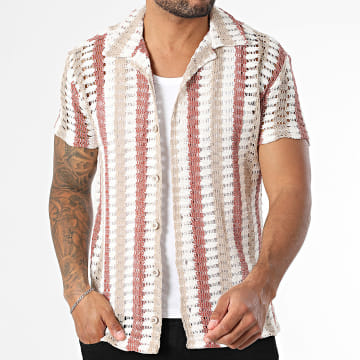 Classic Series - Chemise Manches Courtes En Mailles A Rayures 045 Ecru Beige Rouge Brique