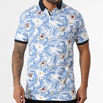 American People - Polo Manches Courtes Pudge Blanc Bleu Roi Floral