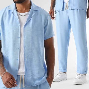 LBO - Conjunto de camisa de manga corta y pantalón efecto lino 1551 Azul claro