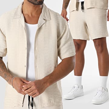 MTX - Conjunto de camisa de manga corta y pantalón corto texturizado 205 Beige
