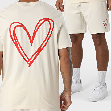 Luxury Lovers - Heart Outline Beige Tee Shirt and Jogging Short Set