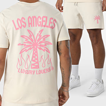 Luxury Lovers - Palm LA Beige Pink Tee Shirt and Jogging Shorts Set