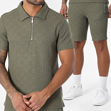 Zayne Paris  - Set aus Polo-Shirt mit kurzen Ärmeln und Jogging-Shorts mit Textur 946 Khaki Grün