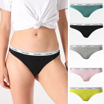 Calvin Klein - Lot De 5 Strings Femme QD5221E Noir Gris Chiné Rose Vert Foncé Vert Lime