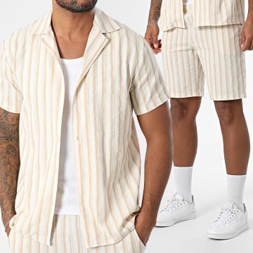 Frilivin - Set aus Kurzarmhemd und gestreiften Joggingshorts 161 Beige