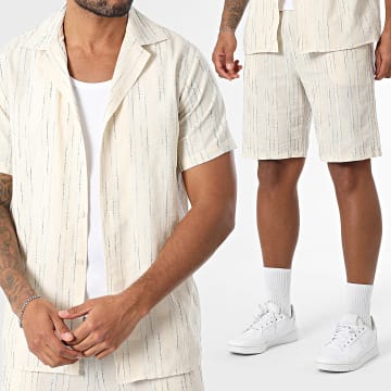 Frilivin - Ensemble Chemise Manches Courtes Et Short Jogging A Rayures 162 Beige Bleu Clair