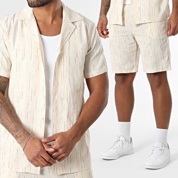 Frilivin - Ensemble Chemise Manches Courtes Et Short Jogging A Rayures 162 Beige