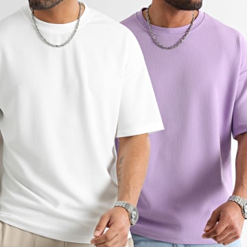 LBO - Lot De 2 Tee Shirt Texturé Waffle Large 2060 Blanc Violet