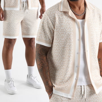 LBO - Ensemble Chemise Manches Courtes Et Short Jogging Imprimé 1629 Beige Blanc