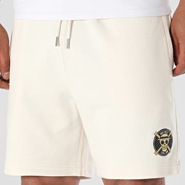 One Piece - Pantalón Corto Jogging Logo Badge Beige Dorado
