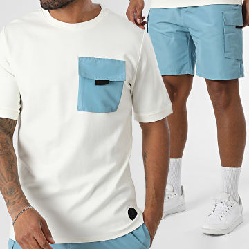 Zelys Paris - Ensemble Tee Shirt Poche Oversize Large Et Short Cargo Iondi Beige Clair Bleu Clair