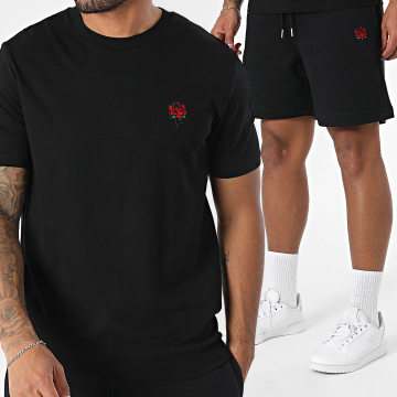 Luxury Lovers - Set di maglietta e pantaloncini da jogging con ricamo nero sulle rose