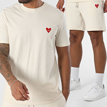 Luxury Lovers - Set di maglietta e pantaloncini da jogging beige con cuore ricamato