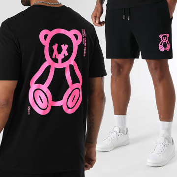 Teddy Yacht Club - Set di maglietta e pantaloncini da jogging Fat Outline nero rosa fluo